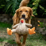 golden retriever puppy biting orange and white plush toy on green grass field during daytime