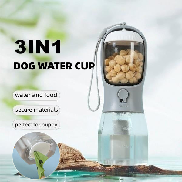 3-in-1 Portable Dog Water Bottle | Travel Cup with Food Container & Waste Bag Holder