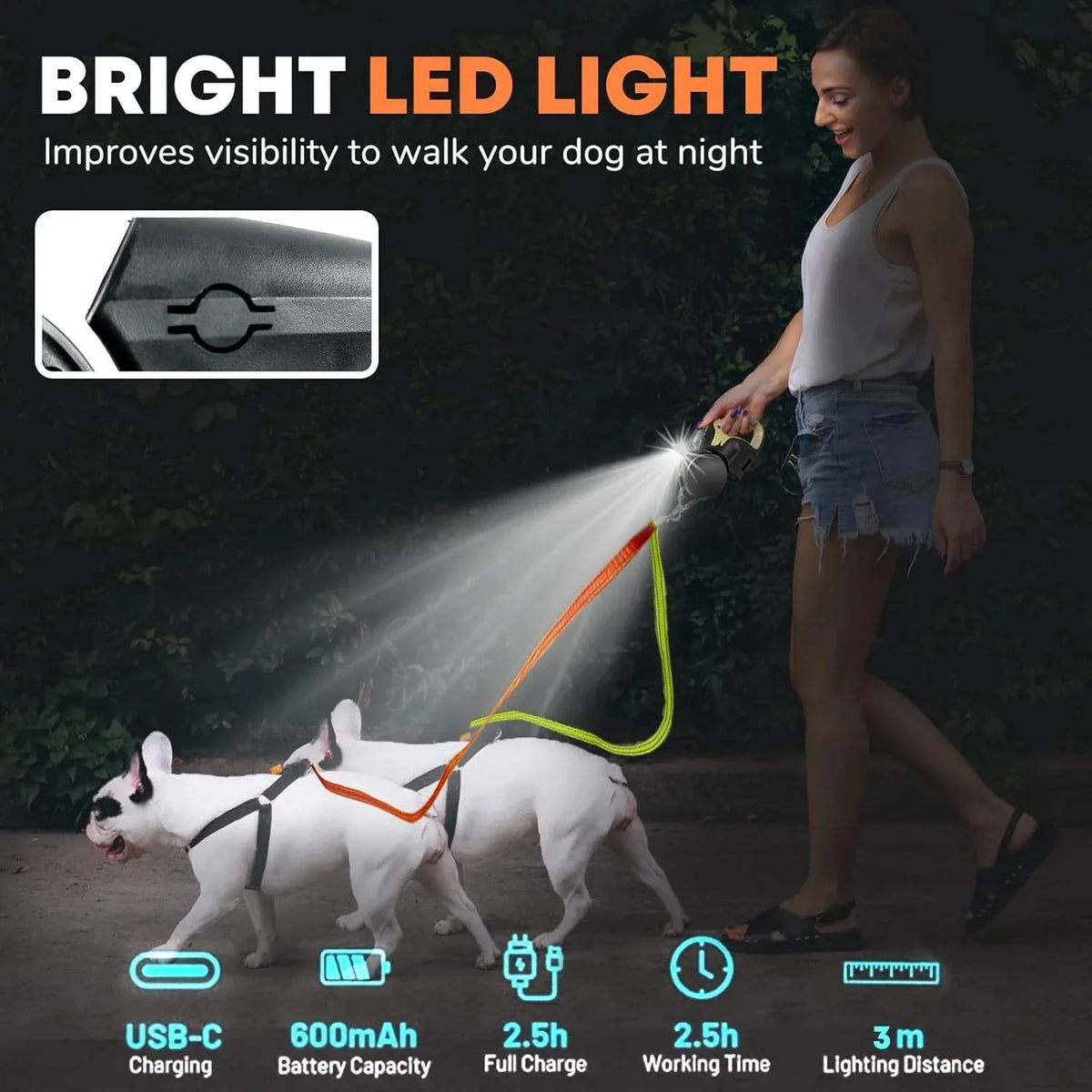 Dual-Head Retractable Dog Leash | USB Rechargeable LED Light Walking Leash