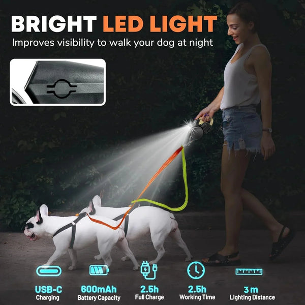 Dual-Head Retractable Dog Leash | USB Rechargeable LED Light Walking Leash