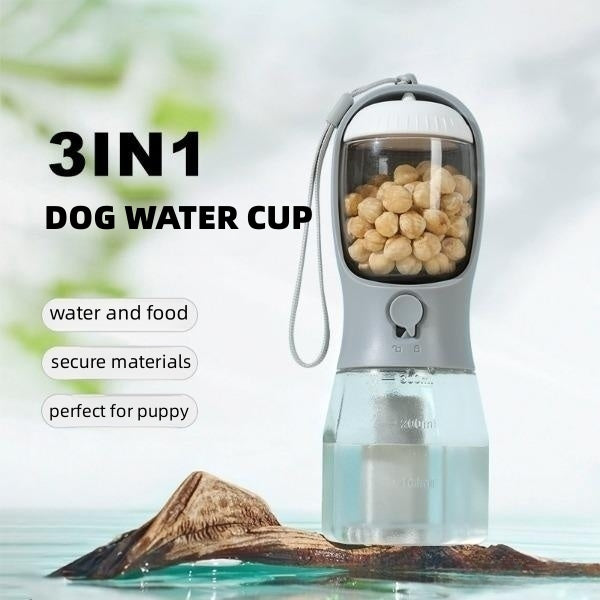 3-in-1 Portable Dog Water Bottle | Travel Cup with Food Container & Waste Bag Holder